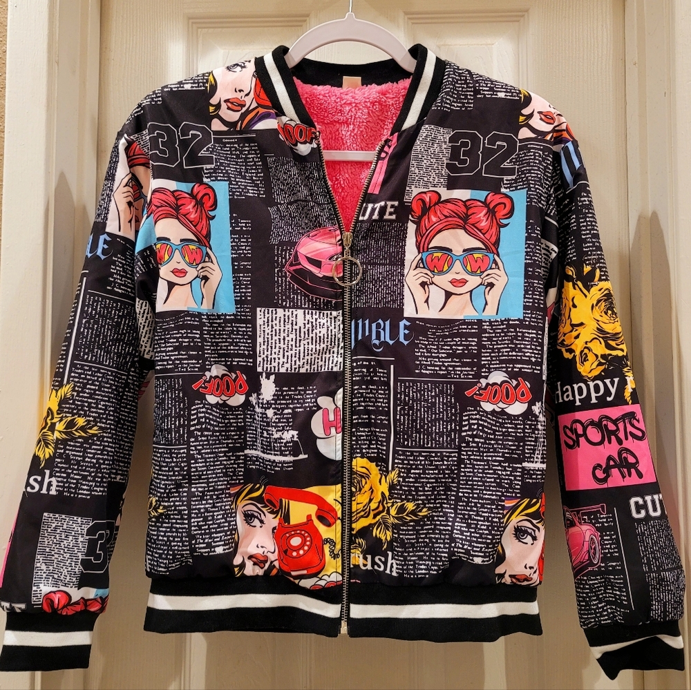 Stylish And Trendy Fleece Lined Graphic Zip-Up Bomber Jacket. Girls Size: 10/12